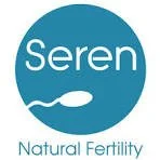 Seren Natural Fertility logo with a blue background, white text, and a stylized whale illustration