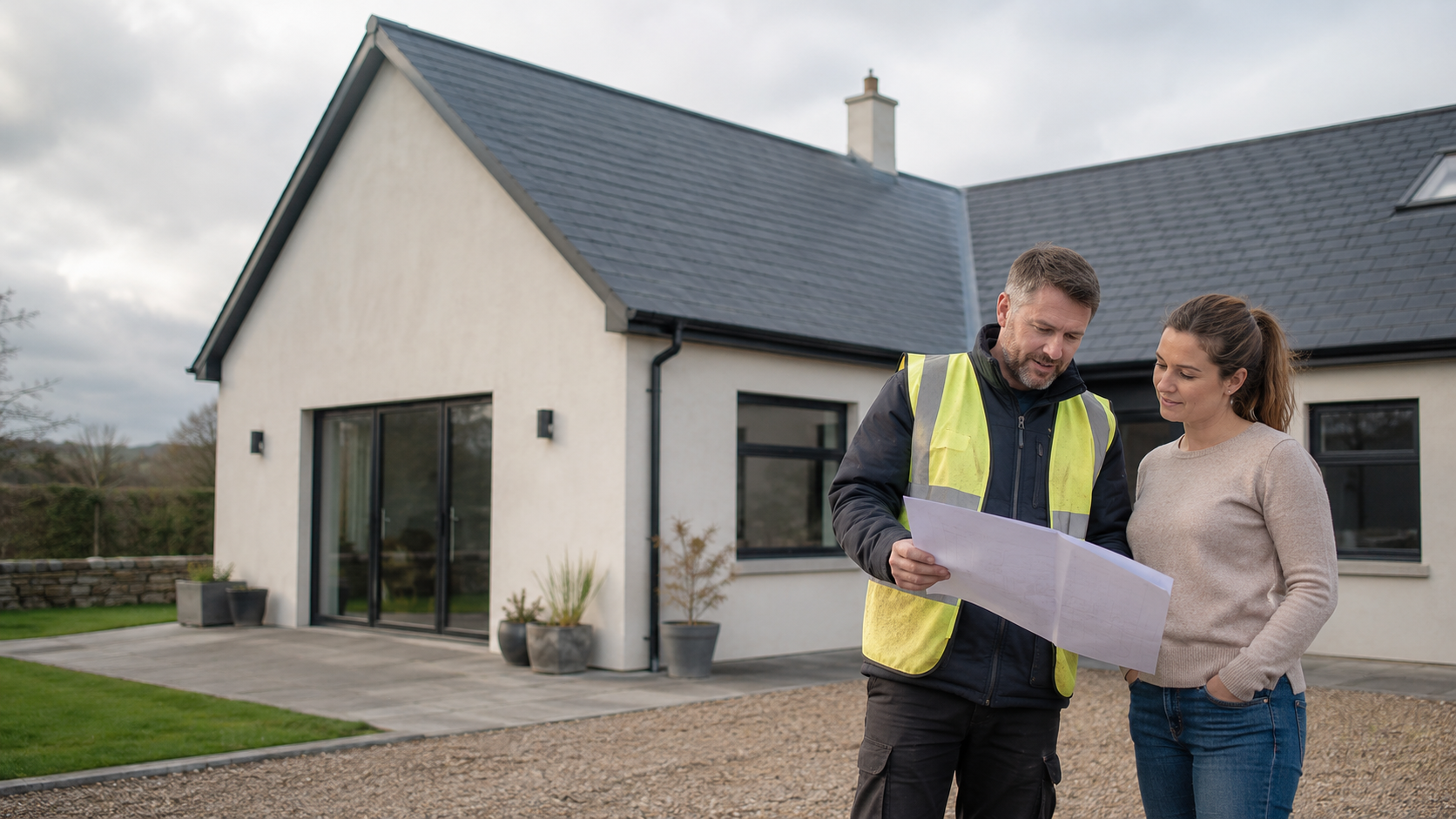 A man and woman standing outside a modern house, reviewing construction plans or blueprints together.