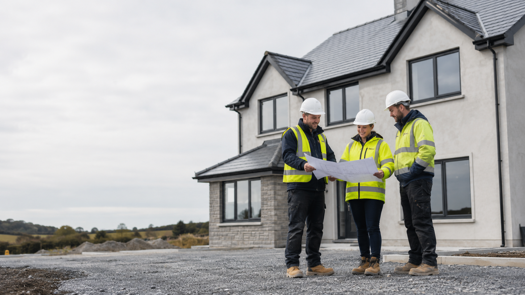 Three construction workers wearing high visibility jackets and hard hats review blueprints outside a modern house under construction.
