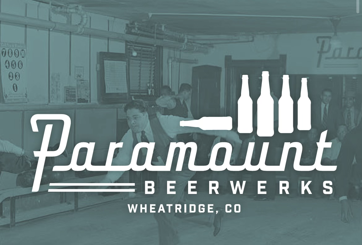 Logo for Paramount Beerwerks in Wheat Ridge, Colorado, over a background of a vintage bar scene with men in suits