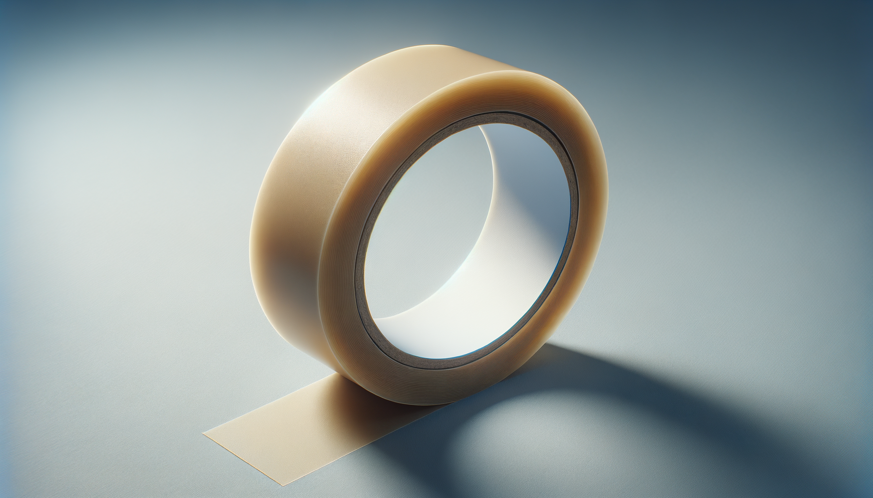 A roll of beige packing tape with a piece unrolled on a white surface.