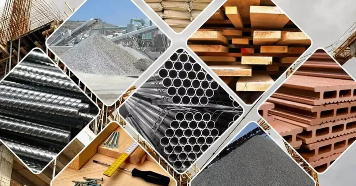 Collage of construction materials including steel pipes, bricks, wooden planks, metal rods, concrete, and tools.