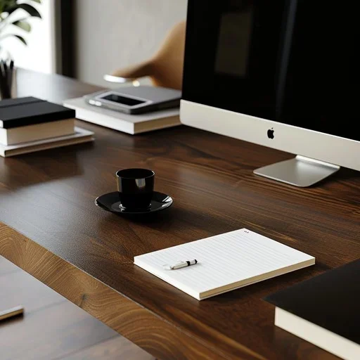 Professional office workspace with computer, notebook, pen, and coffee.