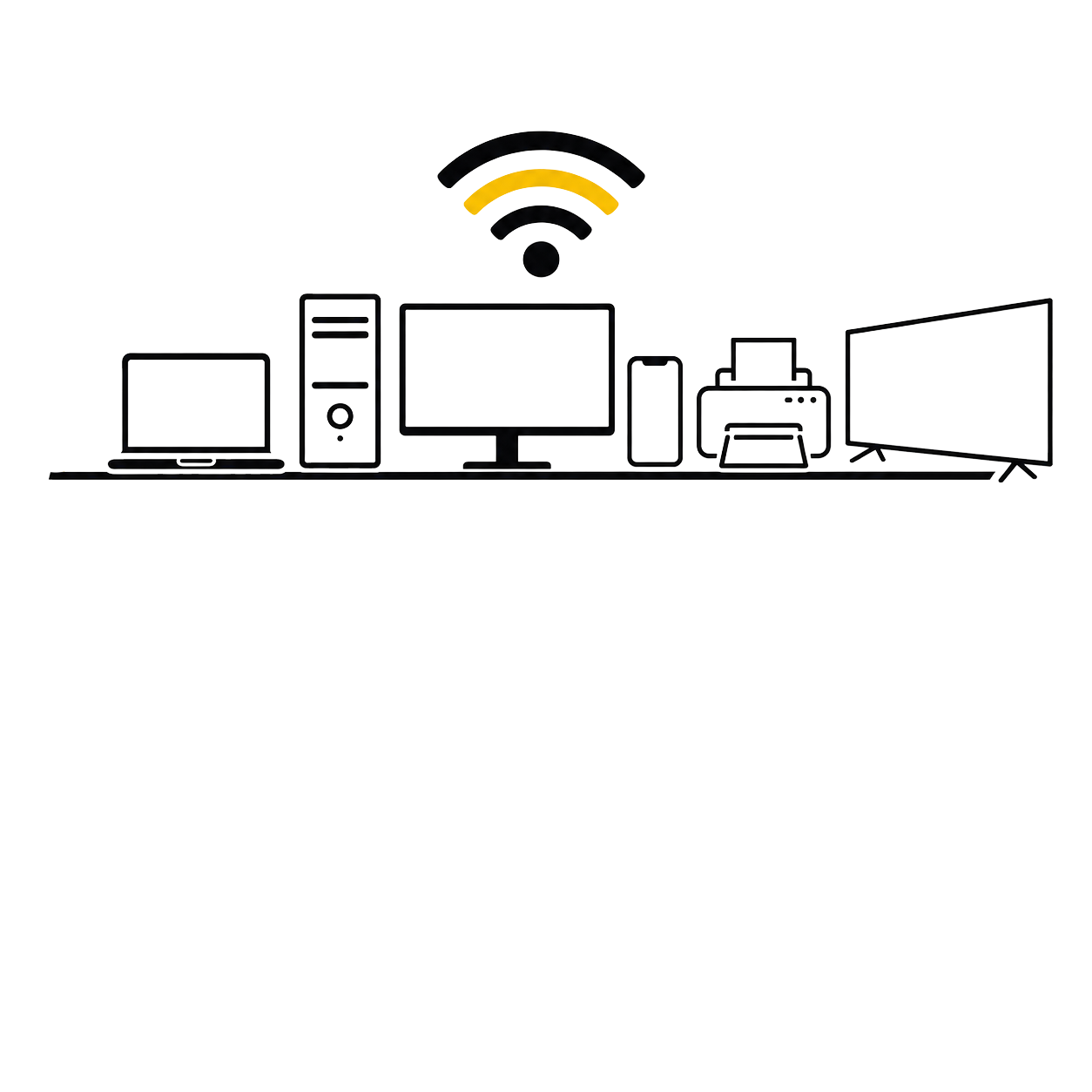 Line drawing of multiple electronic devices on a desk, including a monitor, laptop, printer, smartphone, and television, with a Wi-Fi signal icon above the monitor.