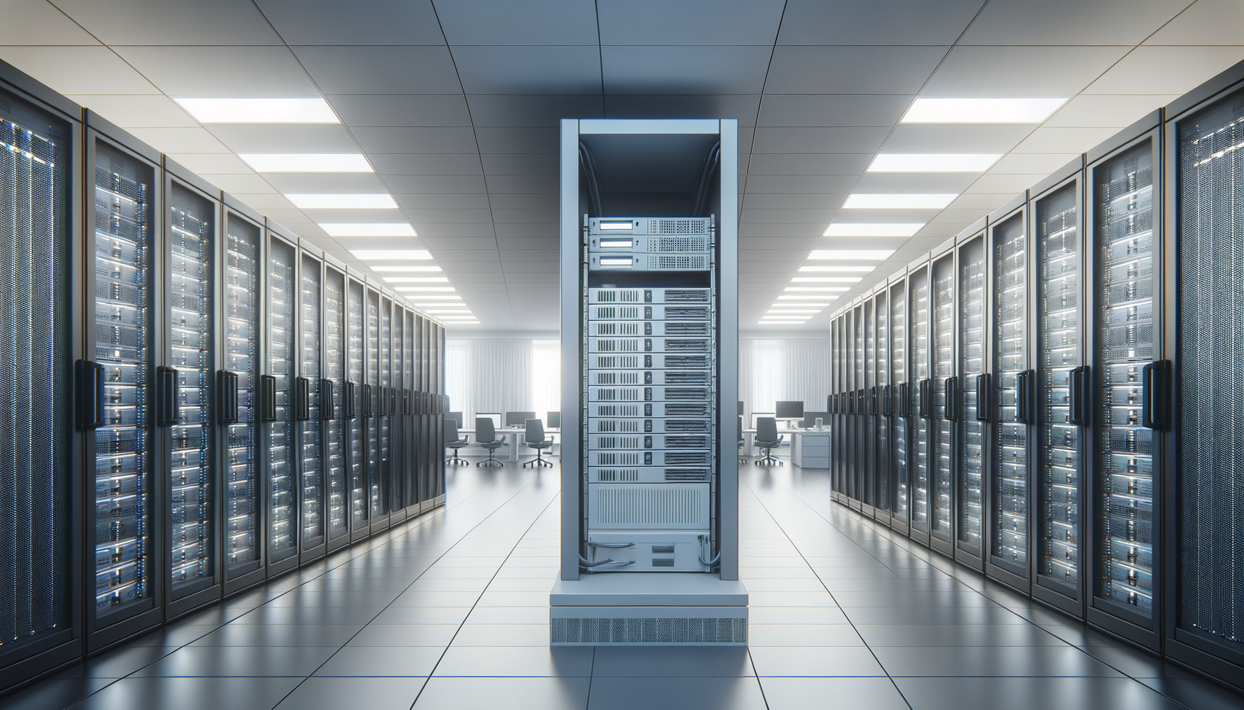 A data center with rows of server racks and a central server tower, illuminated by overhead fluorescent lighting, with office chairs and desks visible in the background.