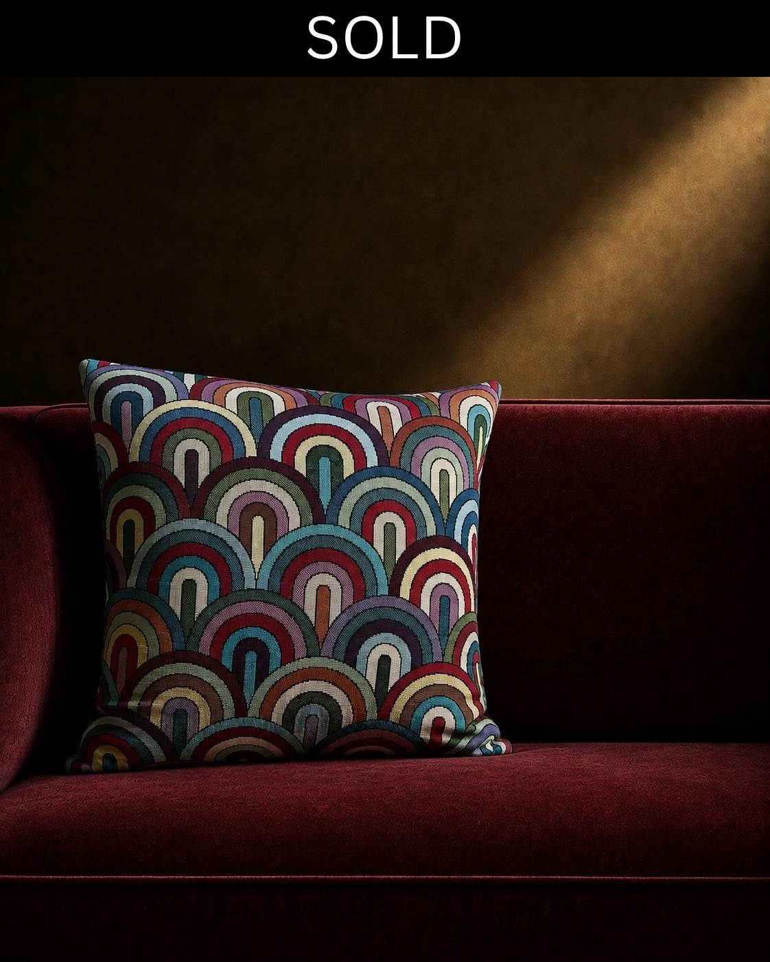 Decorative cushion made from fabric featuring Art Deco-inspired prints, discovered in Tangier. Due to the limited quantity of the fabric, only 6 cushions were crafted. 2 are retained for the personal collection, leaving 4 available. Limited edition o