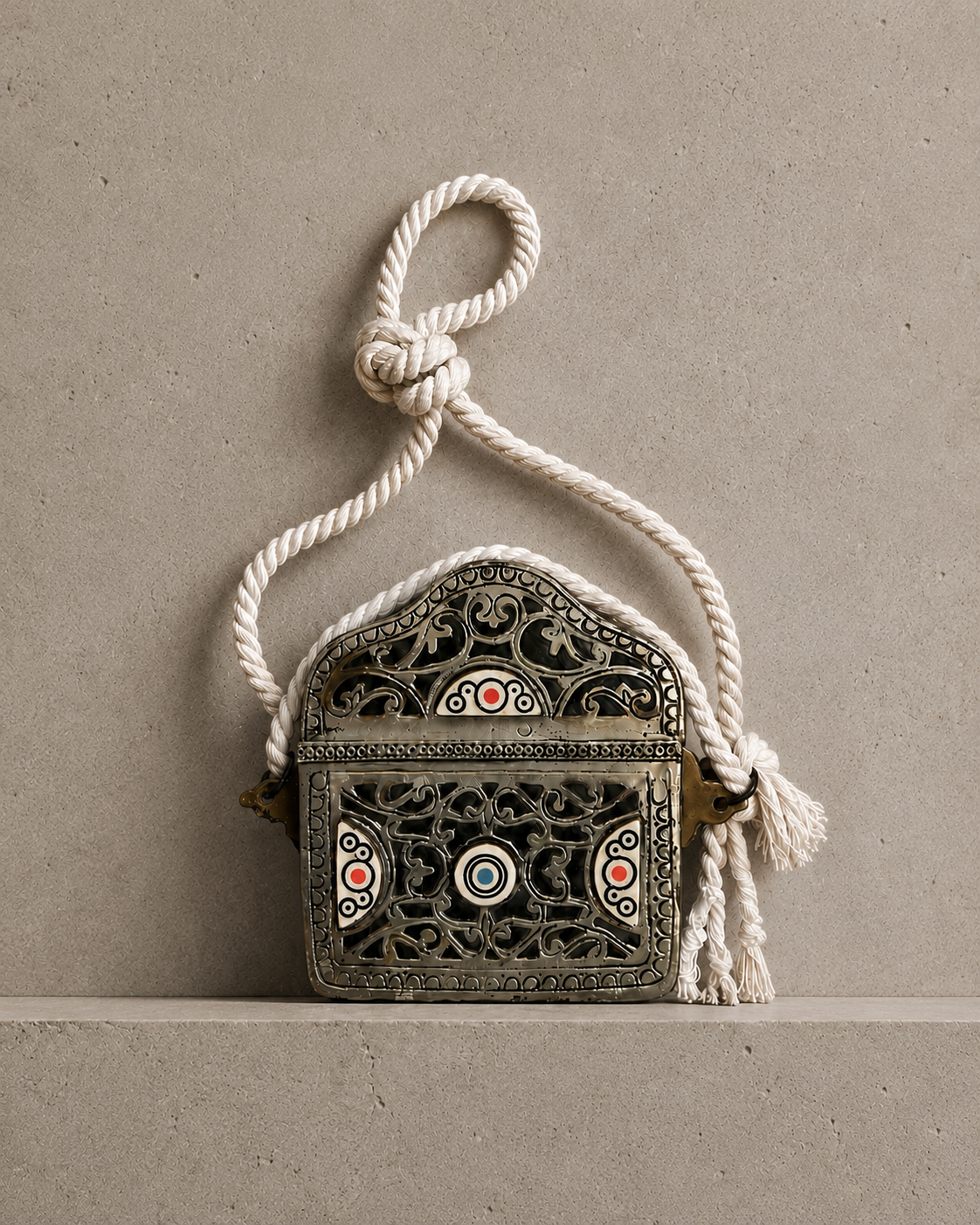 Traditional Moroccan Qur'an amulet holder with coloured inlay and woven cord. Such boxes were designed to hold a miniature Qur'an or sacred verses and were worn as protective talismans, combining religious devotion with a belief in spiritual protecti