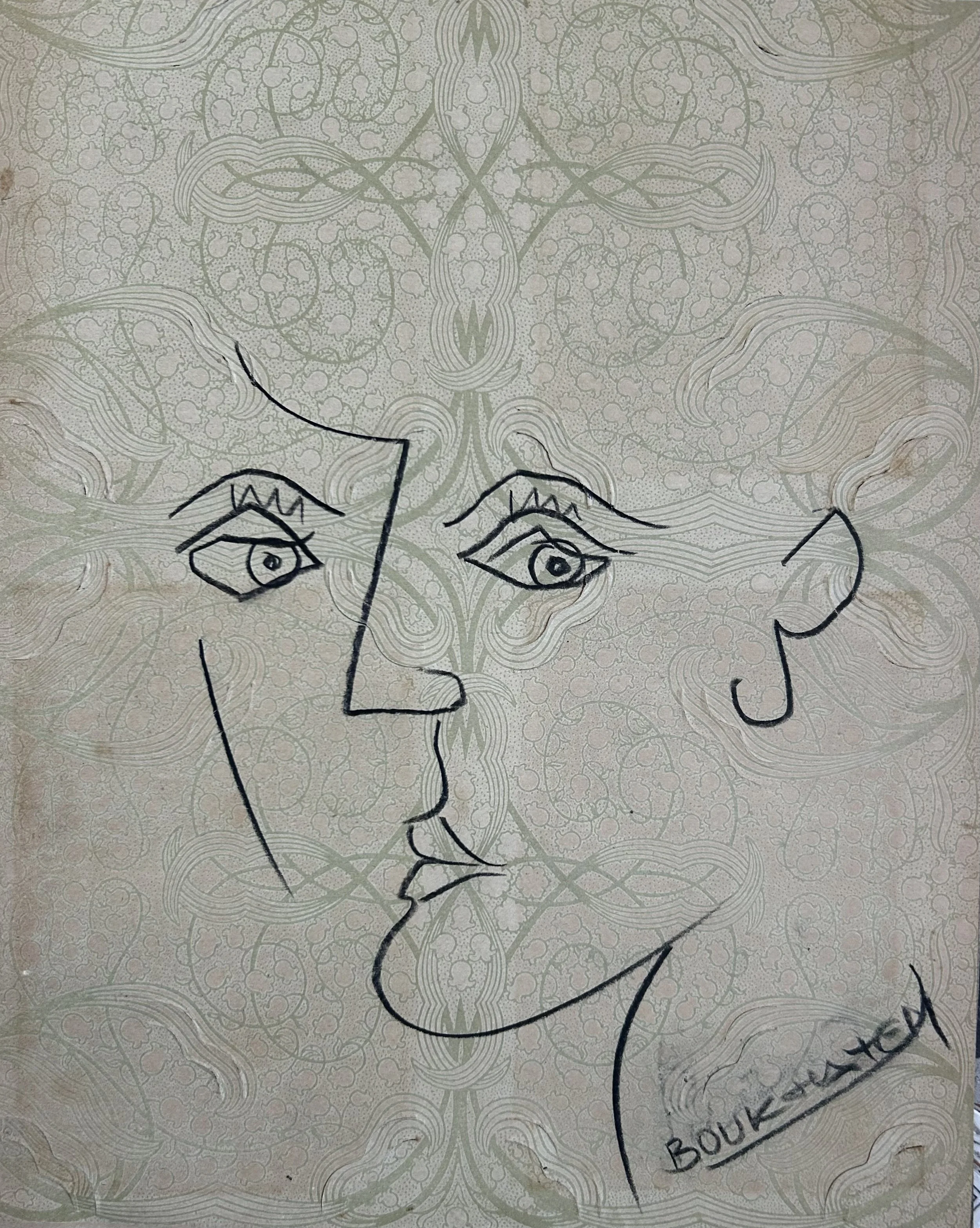 Black pencil on vintage printed photo album page 30 x 24 cm