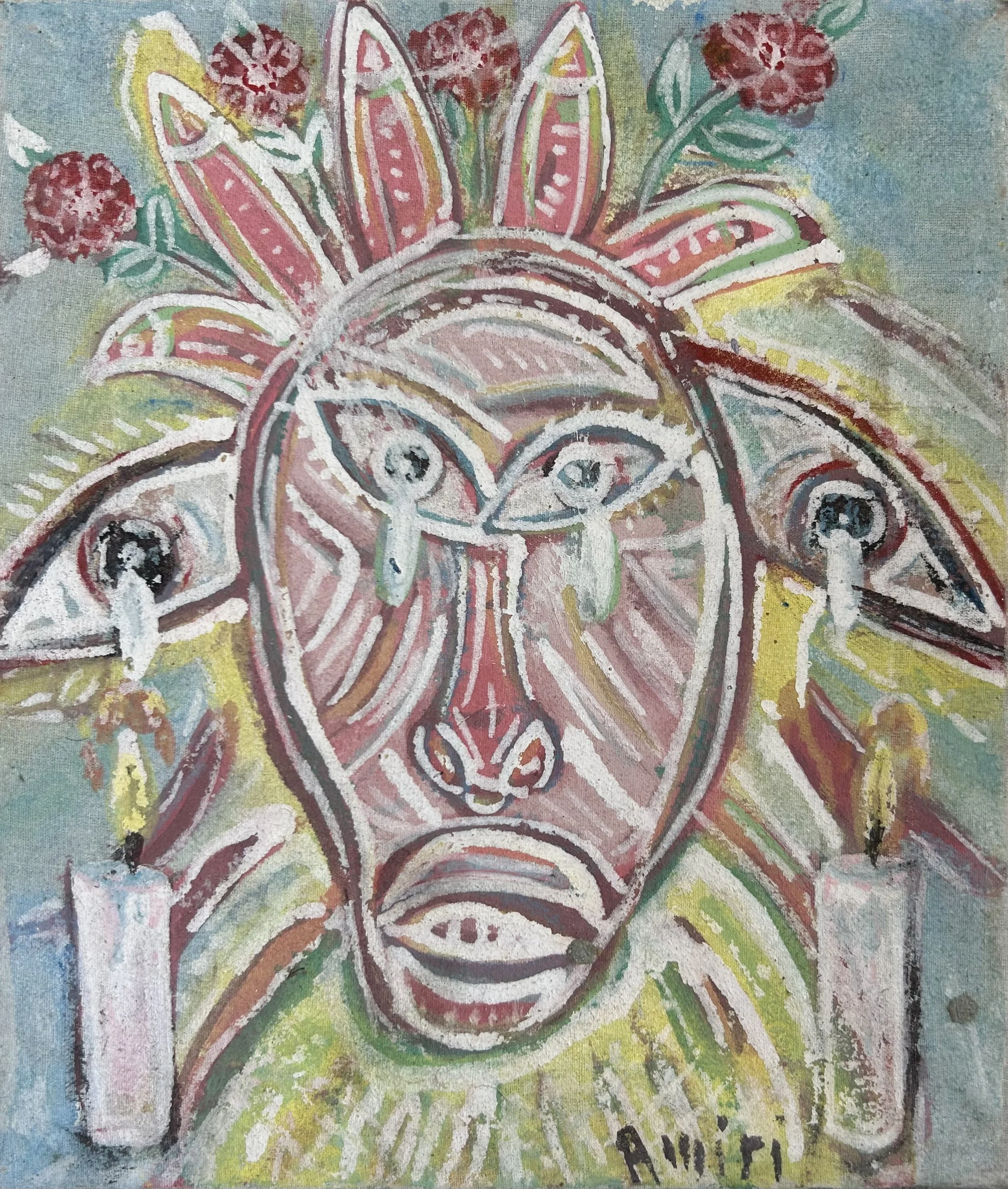 Paint on canvas by Mustapha Amiri, Tangier. Signed lower right. Dimensions: H 25 W 22 cm