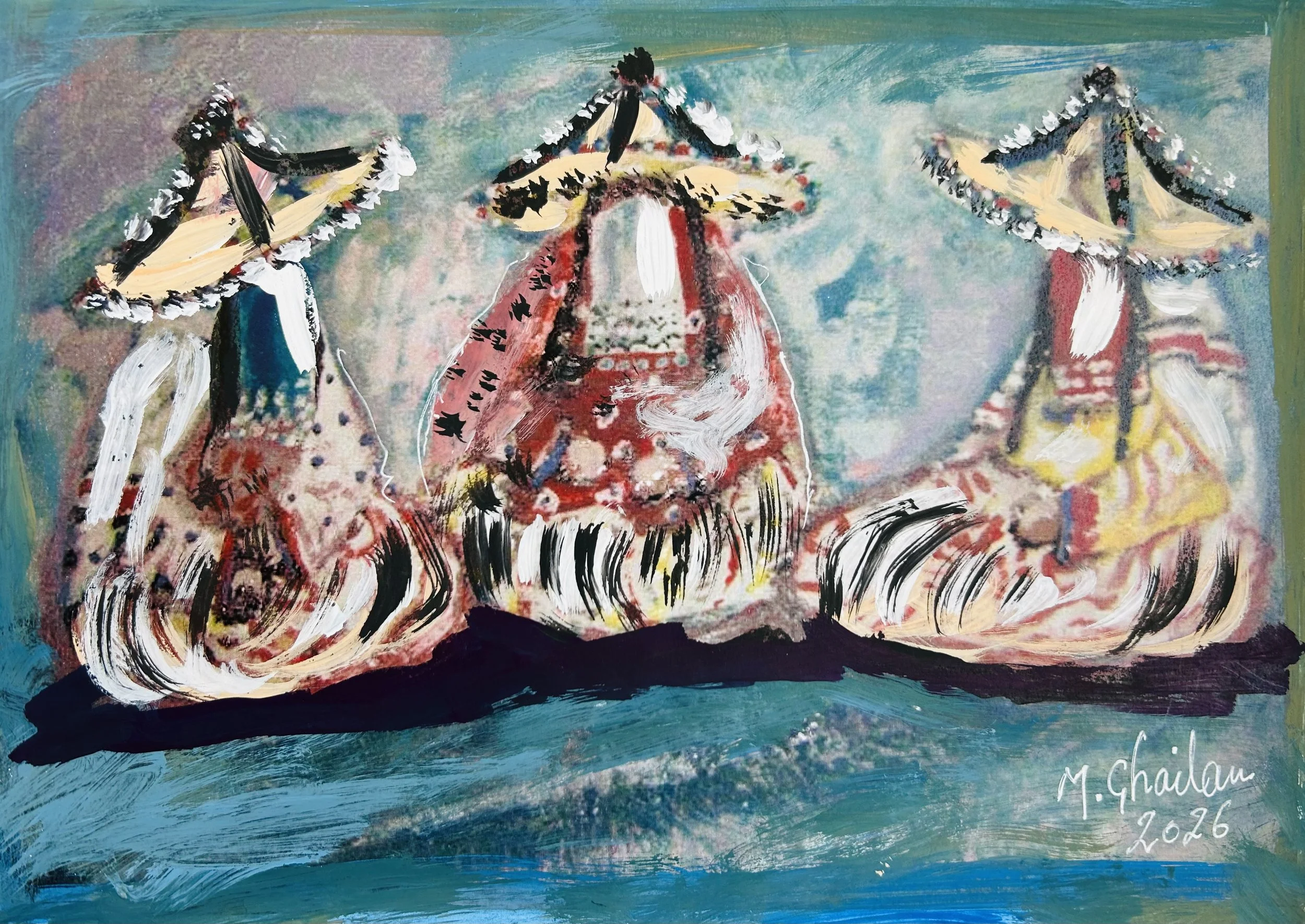 A vibrant composition depicting 3 female figures in richly decorated traditional dress, set against an atmospheric turquoise and blue background. The elaborate garments, sweeping brushstrokes and vivid colours create a lively sense of movement and ce