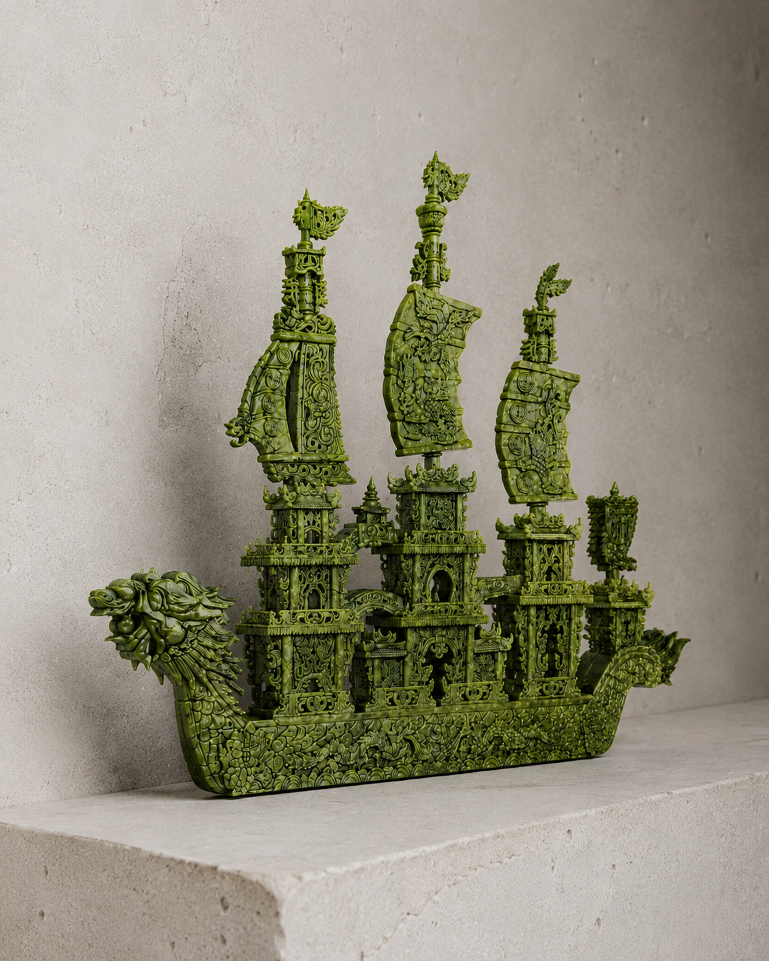 Handcrafted Asian jade vessel sculpture, intricately carved with ornate details and mythical creatures. A remarkable sculptural object with an exceptional presence. Dimensions: H 140 x W 160 cm. 