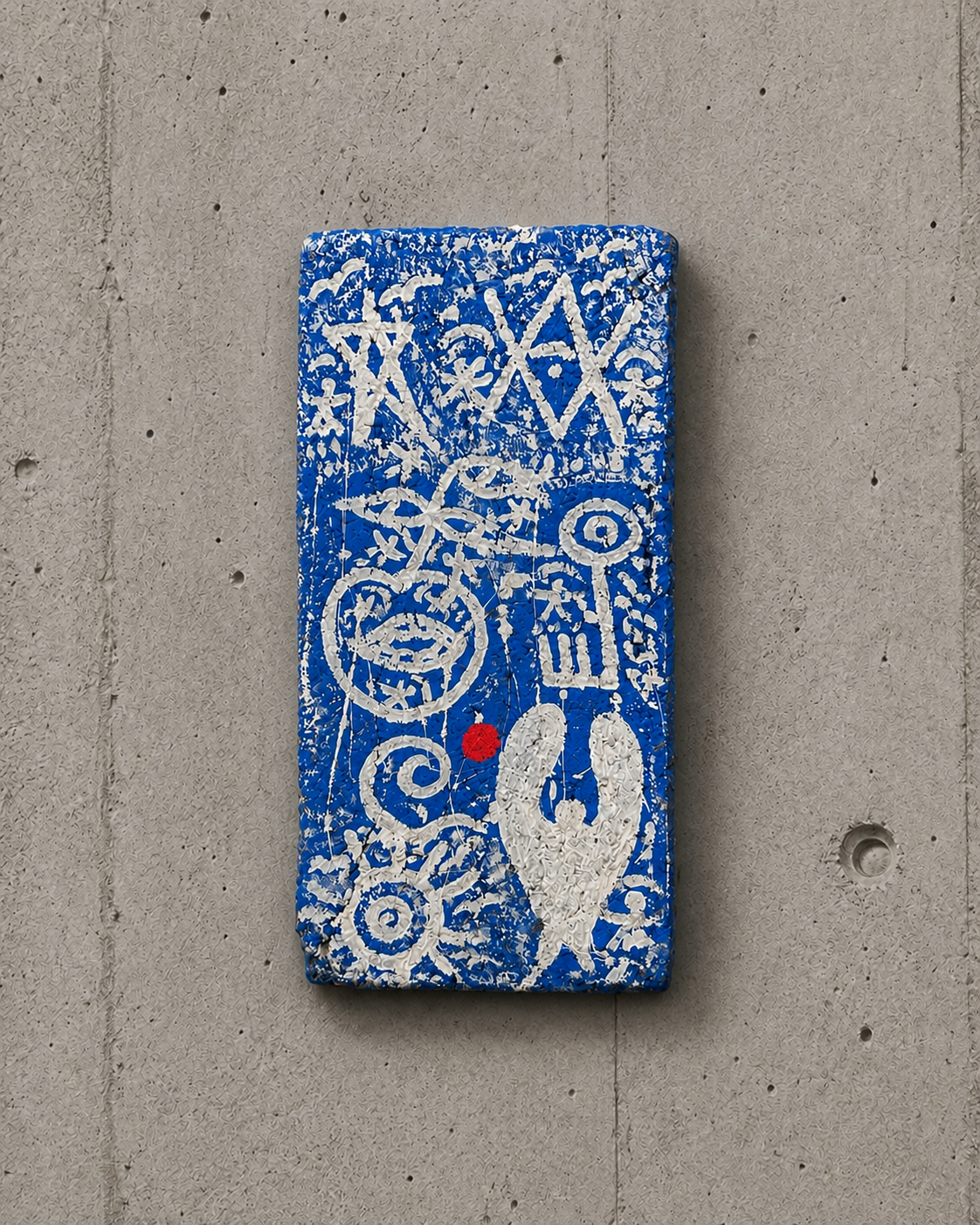 Paint on a substantial, cork-like curved substrate, where expressive layers of blue and white are punctuated by a vivid red accent. Its gently bowed form lends the work a subtle sculptural presence. By Imrani El Haddadi, Asilah. Dimensions: H 49 W 25