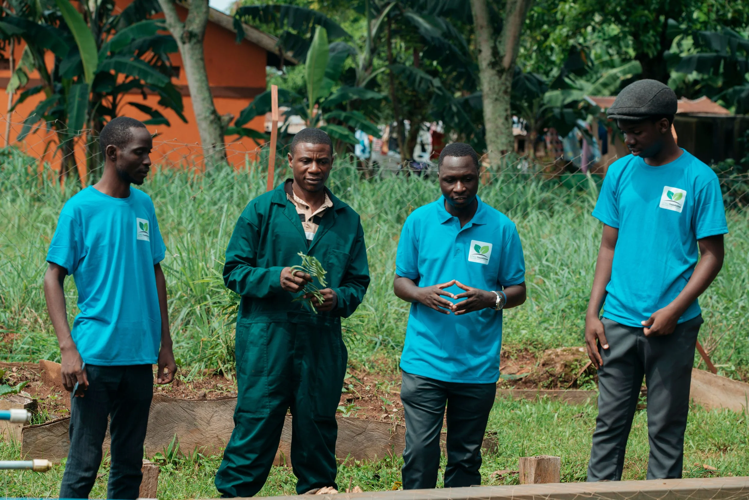 Four men standing outdoors in a garden or farm, one holding a plant, with lush greenery and banana trees in the background.