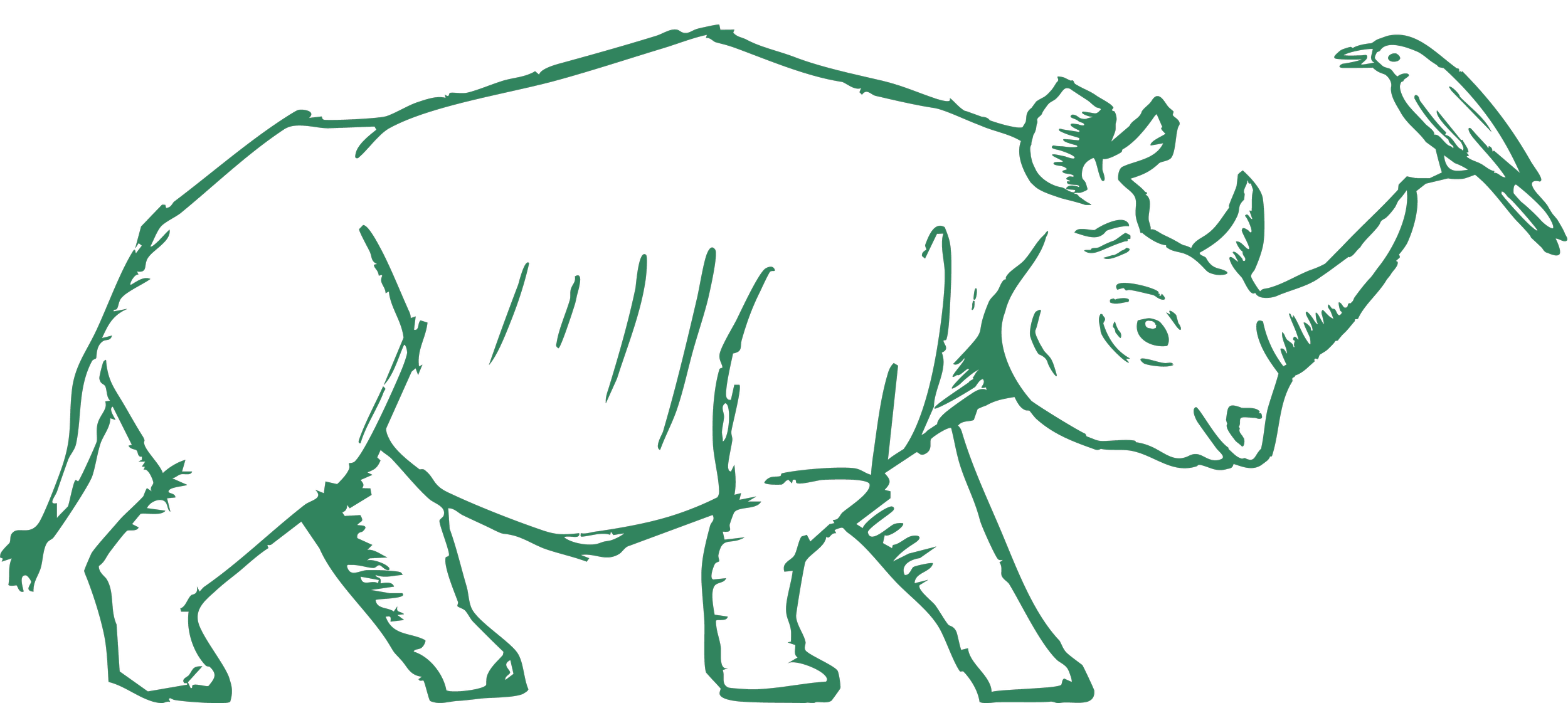 Green outline drawing of an elephant with its trunk raised.