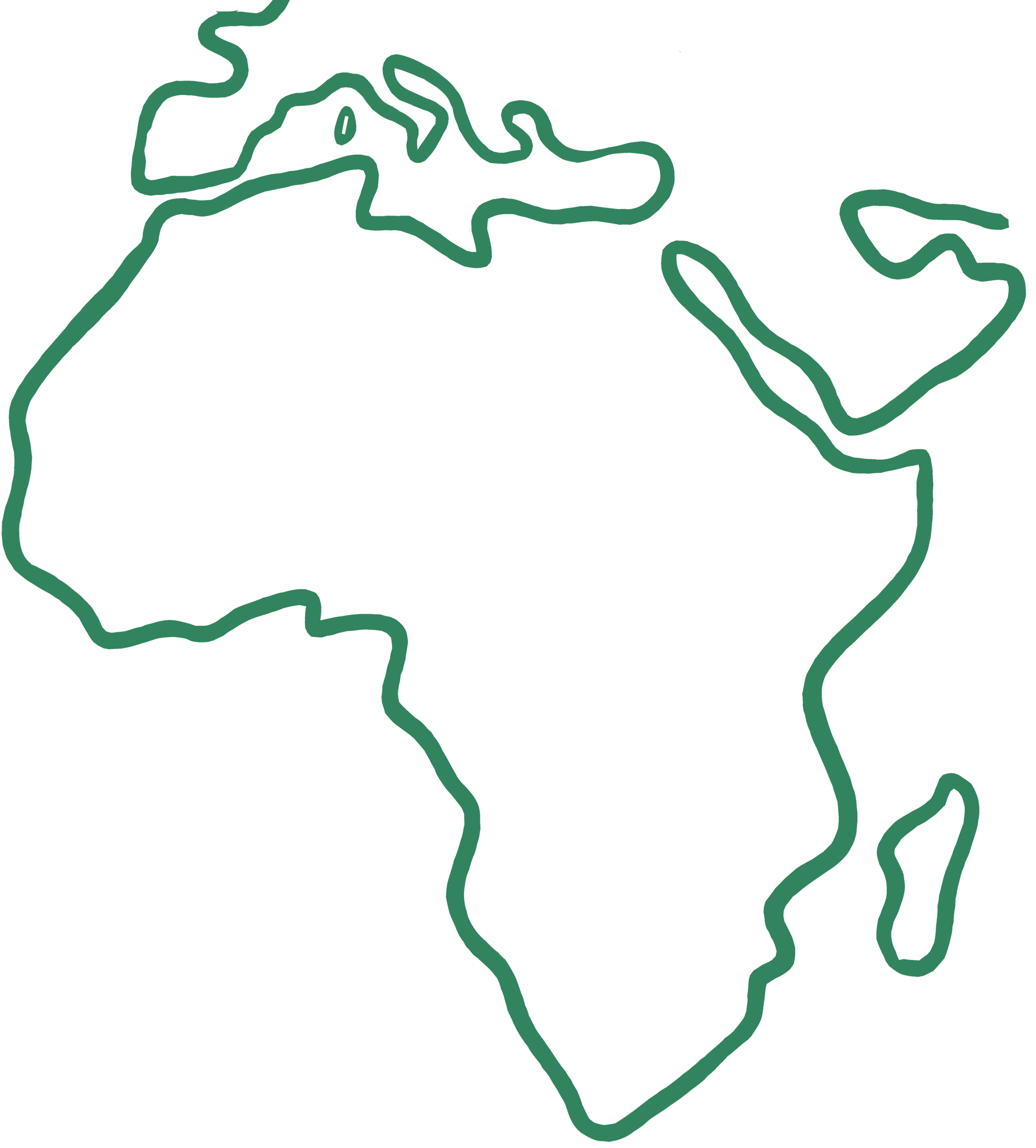 A digital map with green and black outlines of shapes representing landmasses on a black background.