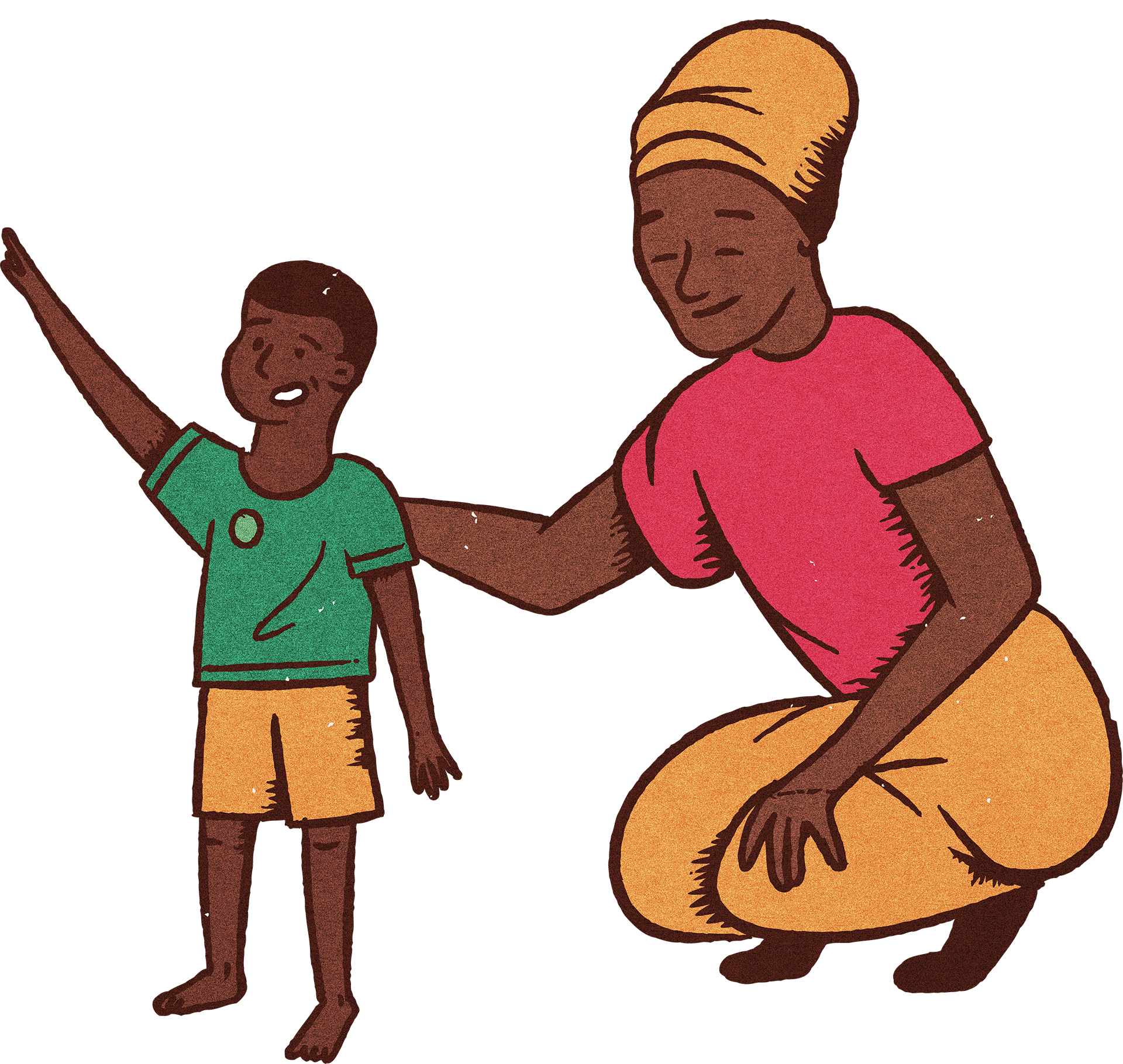 A woman in a pink shirt kneeling and smiling at a young boy with glasses and green shirt, raising his hand for a high five in a room with dark background.
