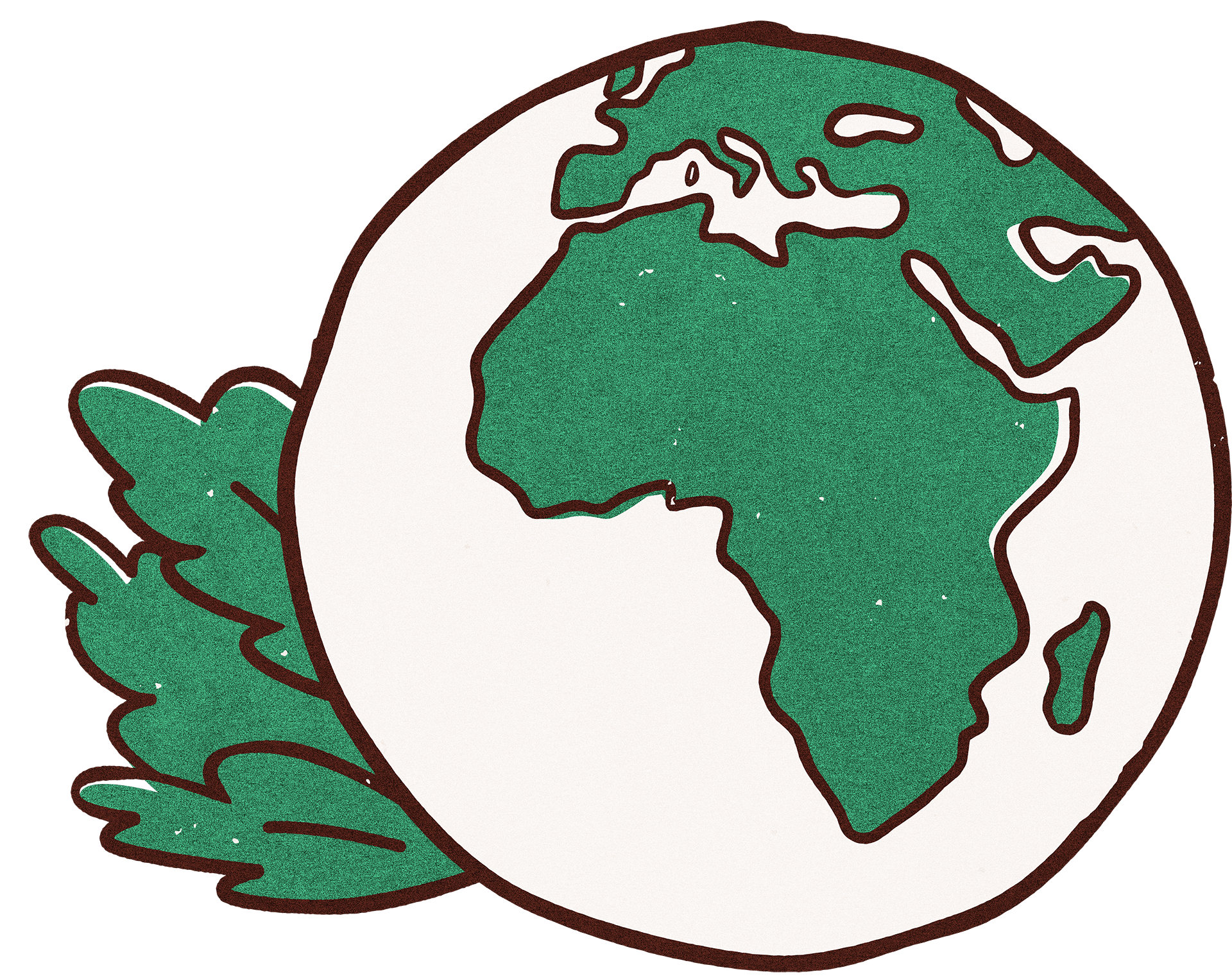 Drawing of the Earth with continents visible, surrounded by stylized green leaves.