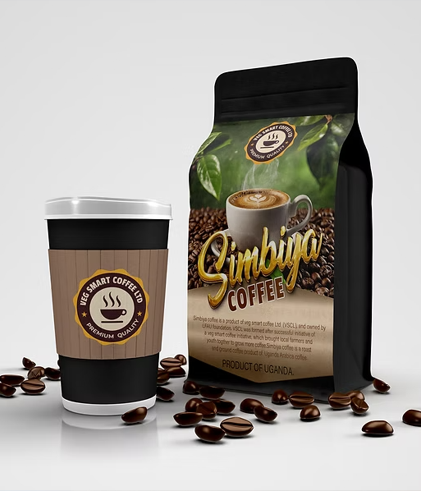 A package of Ugandan coffee labeled 'Sambye Coffee' with a steaming coffee cup and scattered coffee beans in the foreground.