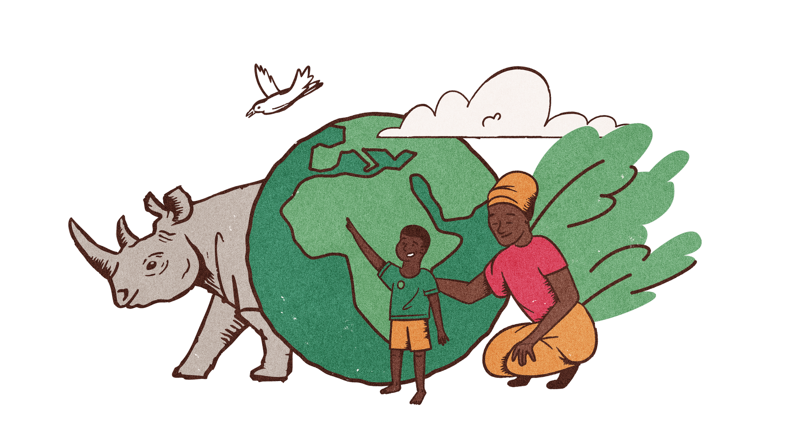 Illustration of two people, a woman and a child, embracing a large globe featuring continents, with a Rhino behind the globe and a bird flying nearby.