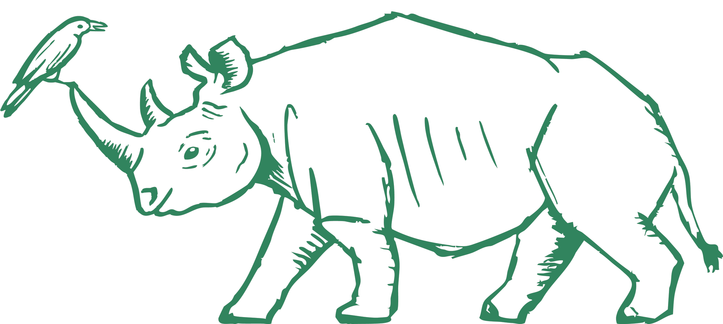Line drawing of a rhinoceros facing left, with a tree branch extending from its back