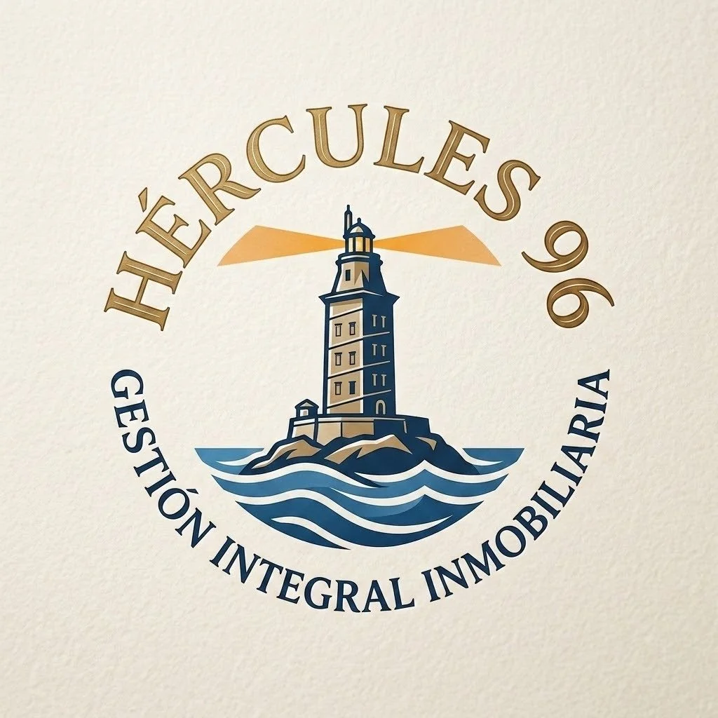 Logo with a lighthouse on rocks surrounded by water. The text 'HÉRCULES 96' arches above the lighthouse, and 'GESTION INTEGRAL INMOBILIARIA' is written below.