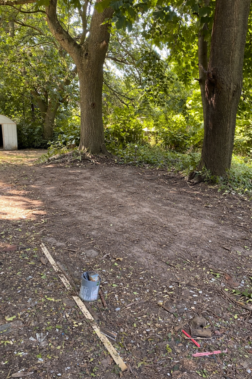 A backyard area with dirt ground, two mature trees, and a small white shed in the background. There is some scattered debris, including pieces of wood, plastic, and a paint can.