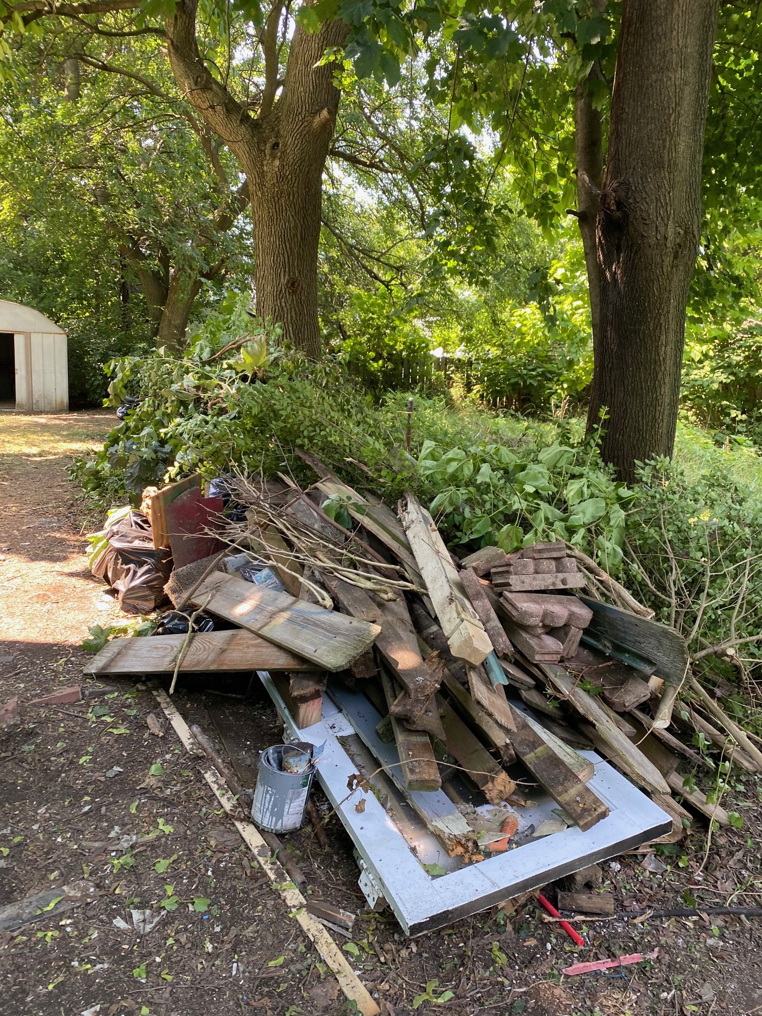 A pile of discarded wood, metal, and debris sits on the ground outdoors, near trees with green leafy branches overhead. There is a small shed in the background on the left side. Cleveland Ohio
