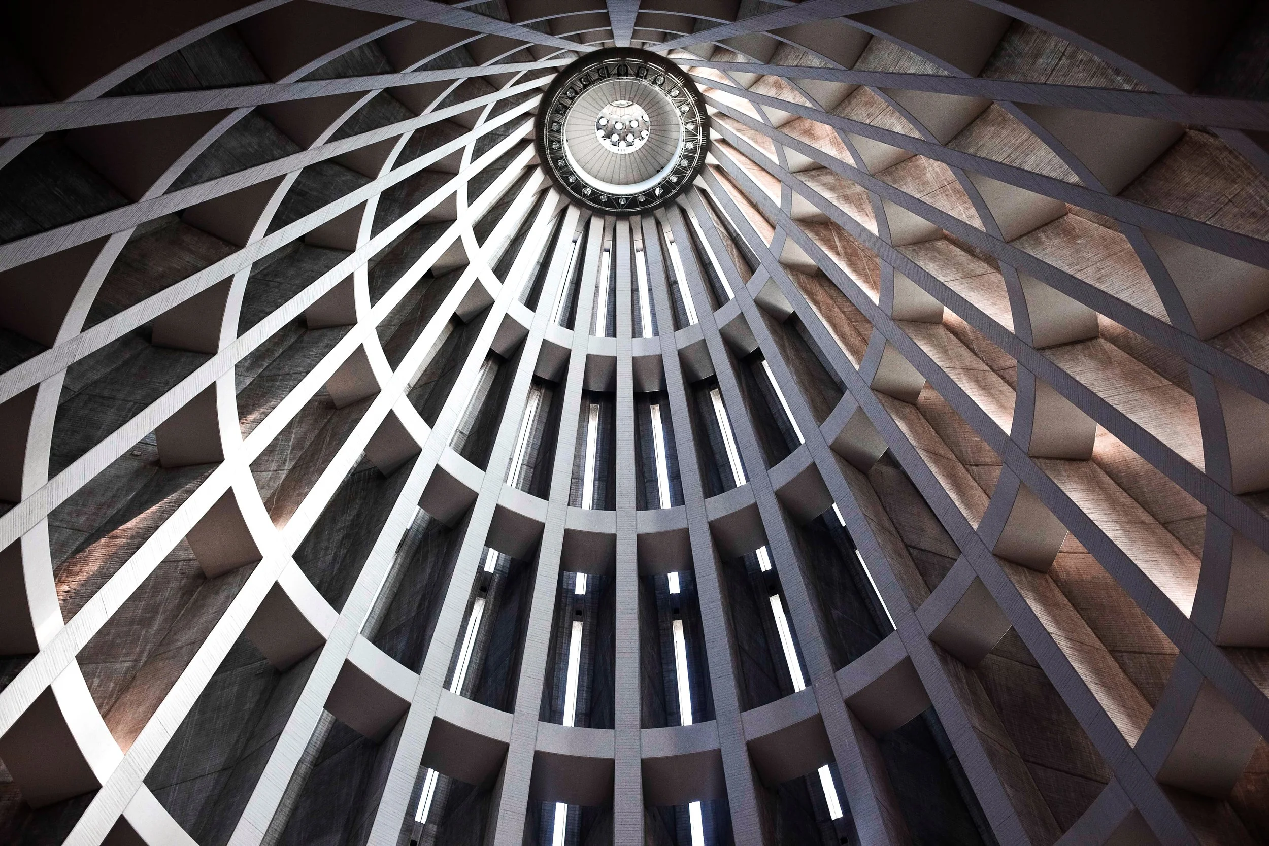 Looking up at the dome of the Basilica of the Madonna delle Lacrime, a Roman Catholic church in Syracuse in Sicily, Italy. 