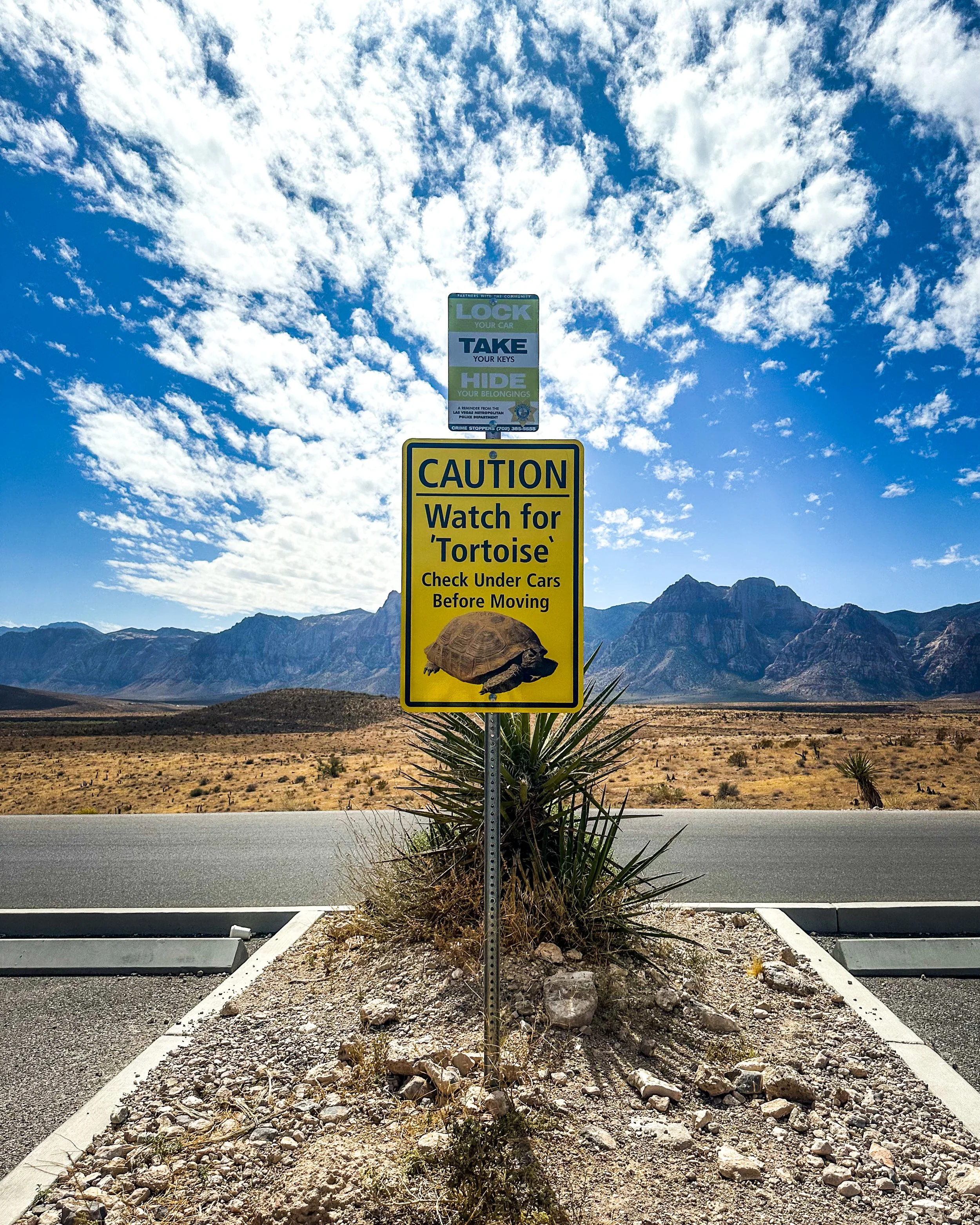 A desert landscape with distant mountains under a partly cloudy blue sky. In the foreground, there are two parking lot signs, one yellow caution sign warning to watch for tortoises and a smaller sign above it advising to lock your car, take your keys