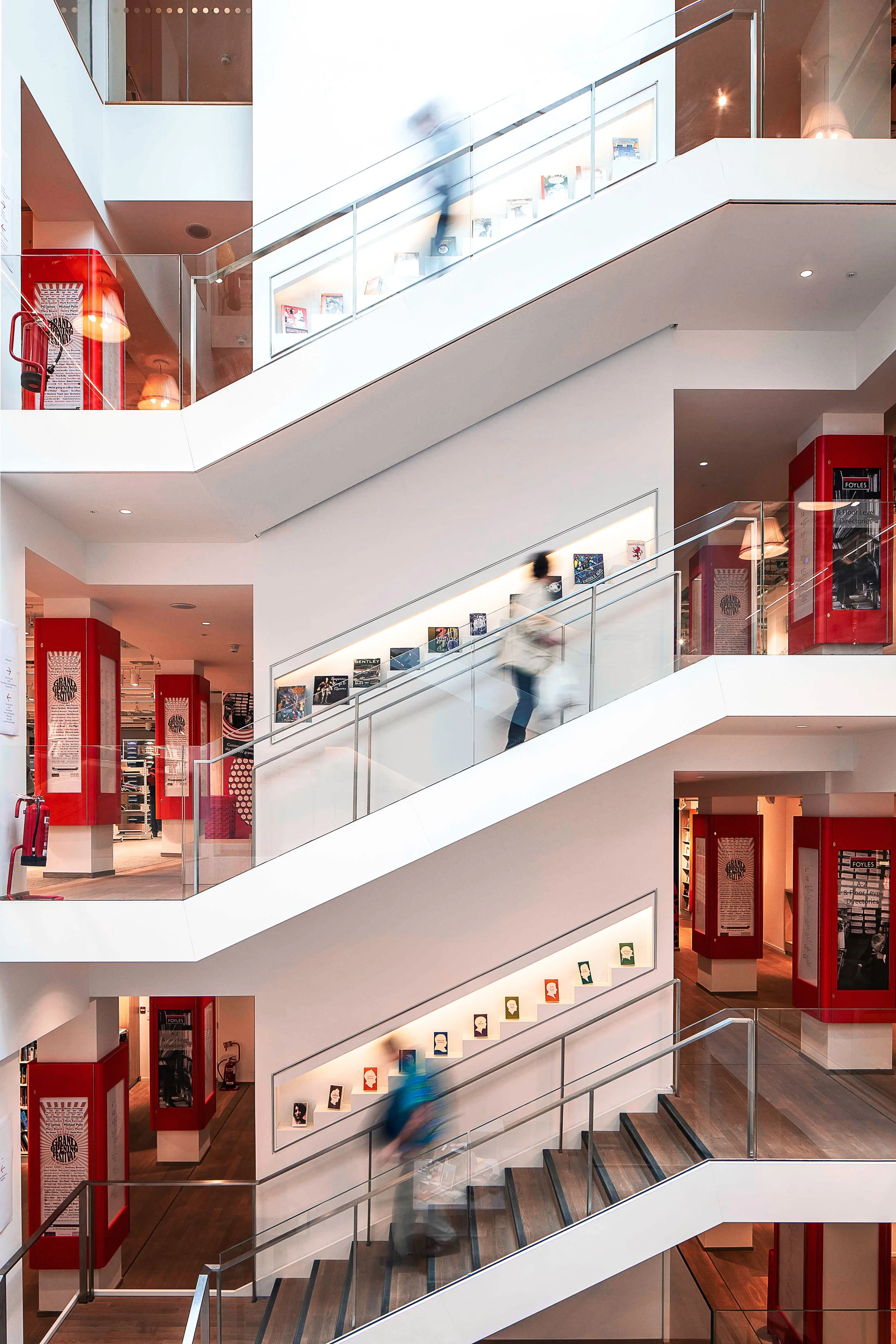 Interior view of the staircase at Foyles Bookshop in Charing Cross Road in London, United Kingdom.