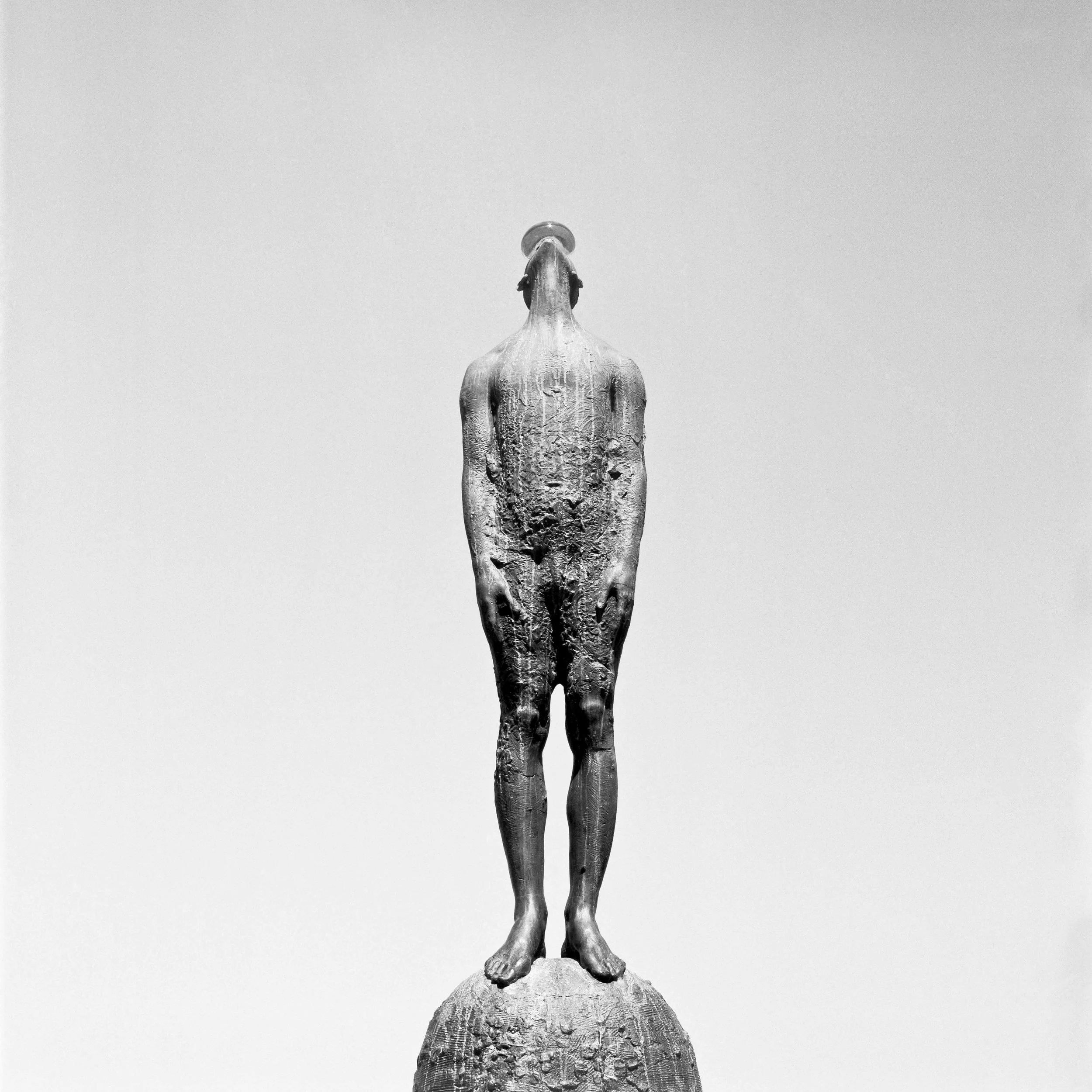 A black and white photograph of a statue of a figure with a textured body, standing on a rounded base against a plain sky background.