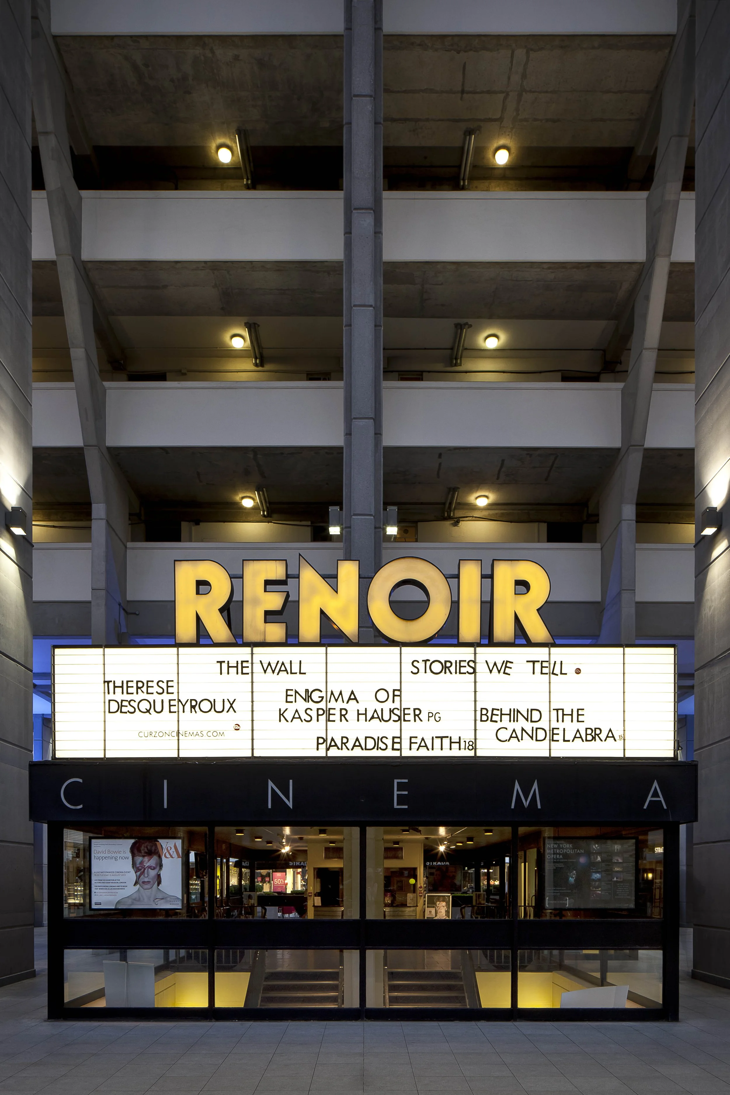Front facade view of the Renoir Cinema at the Brunswick Centre in Bloomsbury, London, United Kingdom.