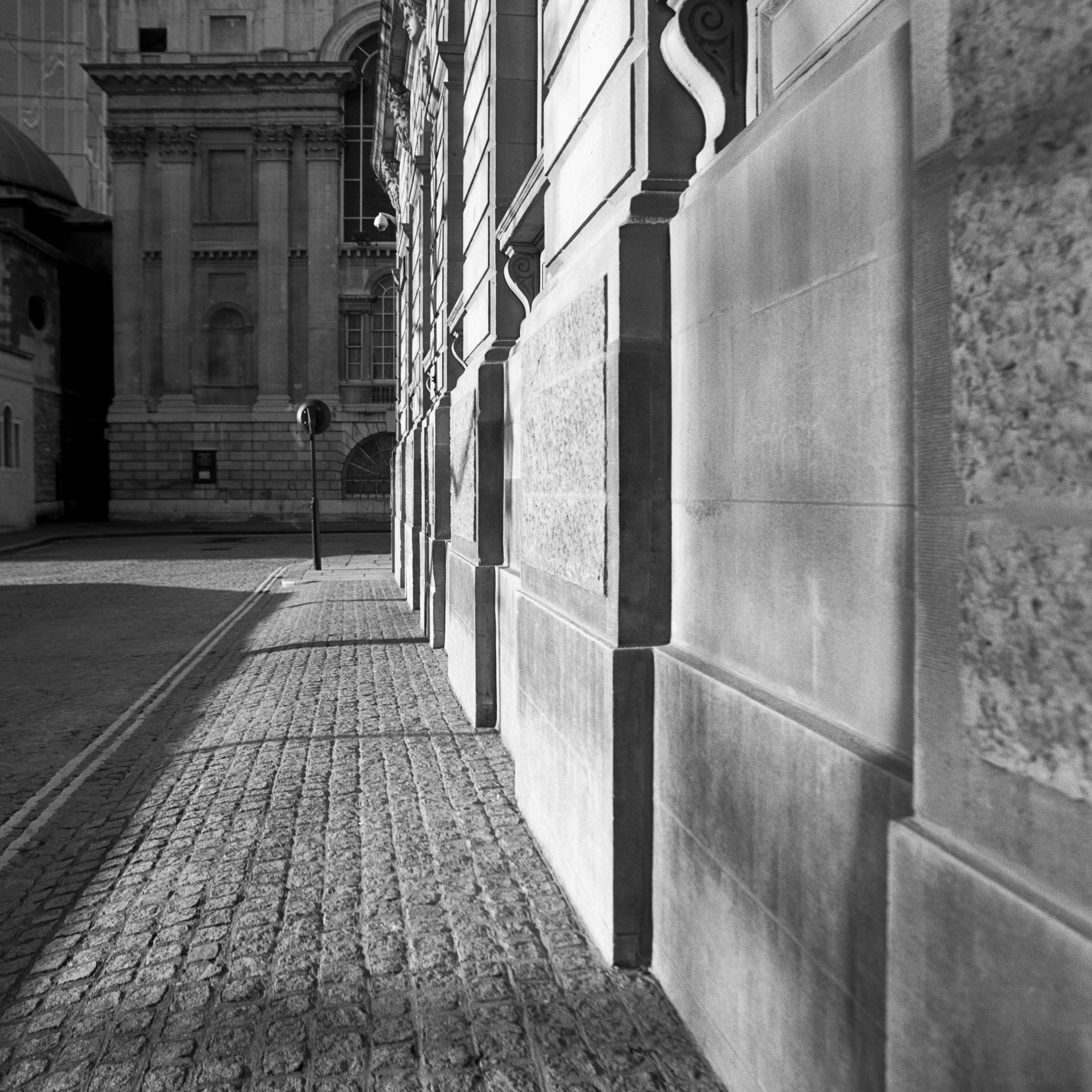 A black and white urban scene in London, United Kingdom, with classical architectural details on a building facade, including ornate columns and decorative stonework, and a sidewalk with textured paving.