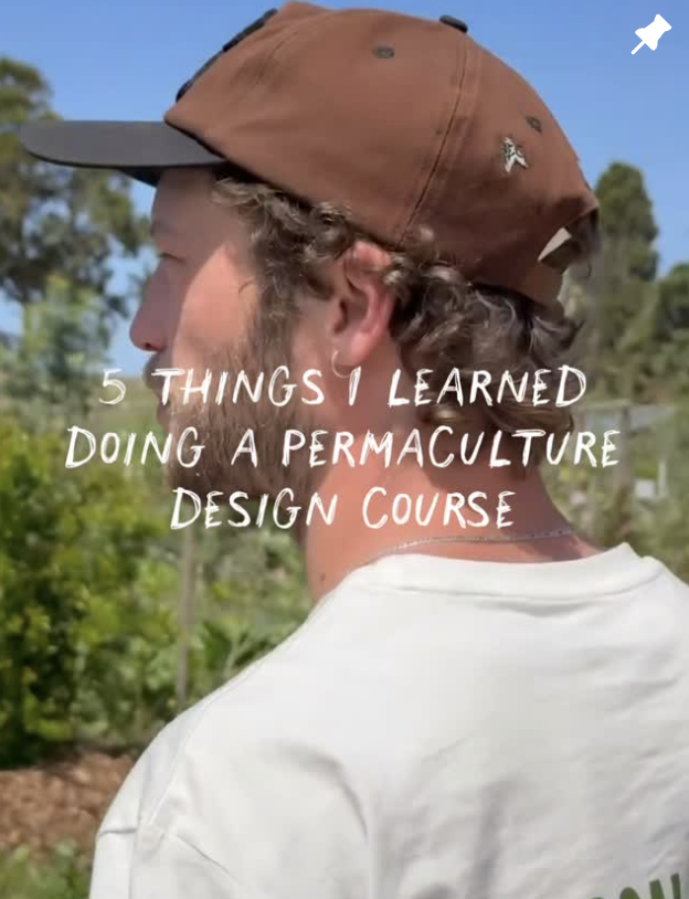 Profile of a young man with curly hair wearing a brown cap and a white shirt outdoors, with trees and blue sky in the background. Text overlay reads: "5 Things I Learned Doing a Permaculture Design Course."