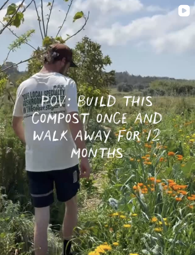 A person with brown hair, wearing a white T-shirt, black shorts, and a baseball cap, walking through a garden with orange and yellow flowers, with text overlay about composting.