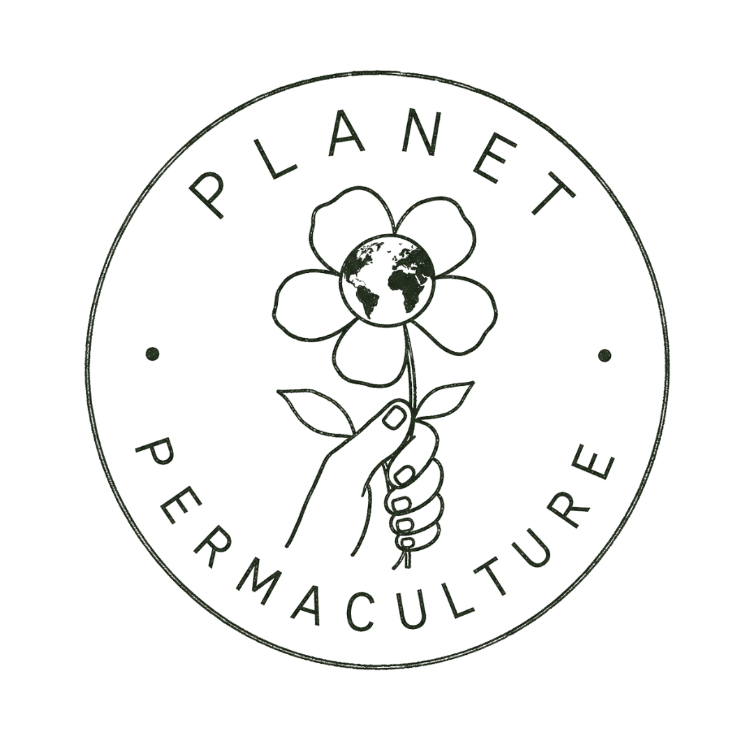 Outline of a circular logo with the words "Planet Permaculture" and a hand holding a flower with the Earth as the flower's center.