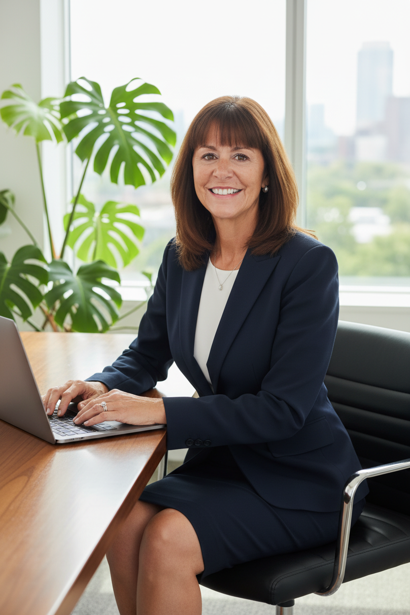 A professional woman with brown hair and bangs, wearing a dark blue blazer and a white blouse, sitting at a wooden desk with a laptop, smiling in an office with large windows and green plants in the background.