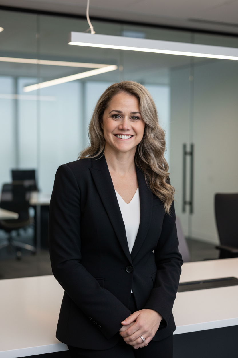 A woman with wavy blonde hair, wearing a black blazer and a white top, standing in a modern office.