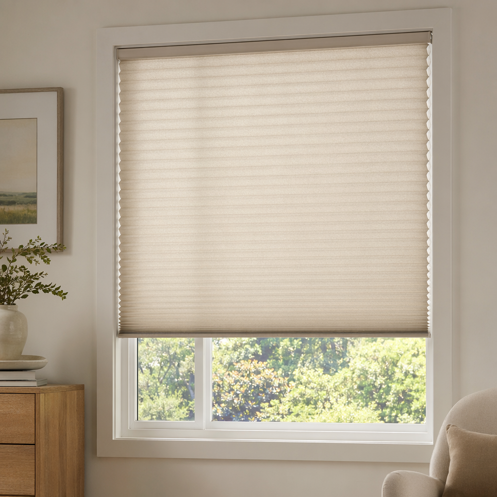 Beige pleated window shade covering a window with a view of trees outside, inside a room with white walls and a wooden side table with a plant.