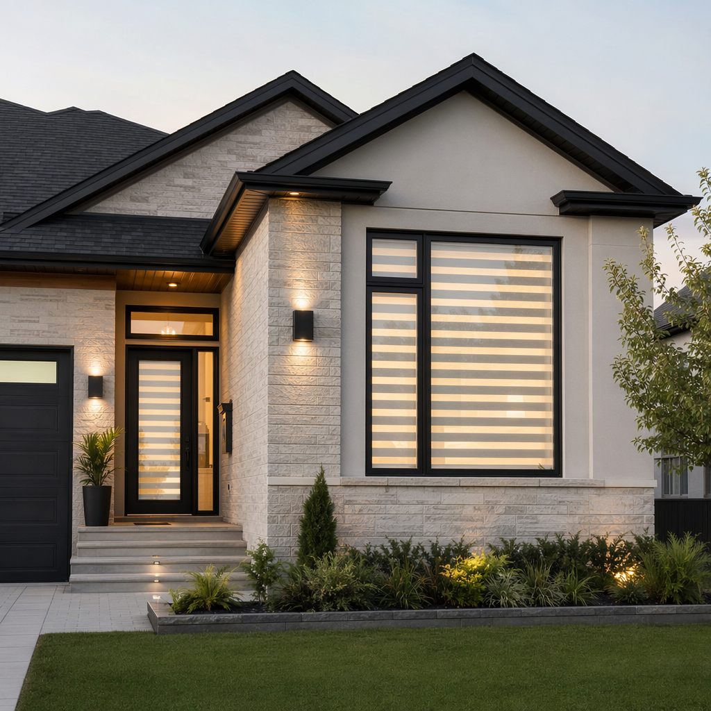 Modern house with large window, black trim, and landscaped front yard during sunset.