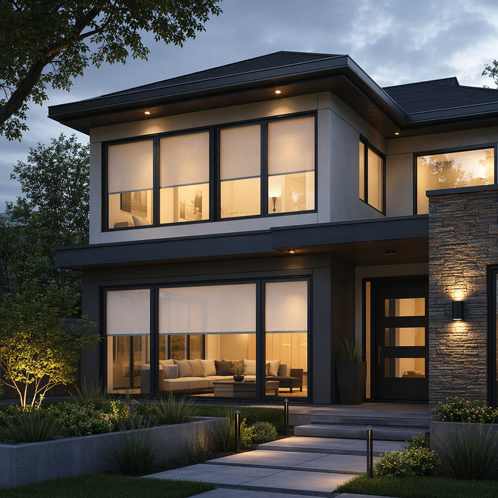 Modern two-story house at dusk with interior lights on, large windows, front yard with plants, trees, and pathway.