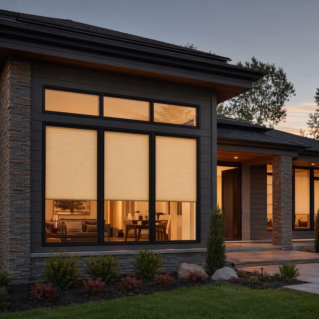 A modern house with large windows showing a lit interior living room and dining area, stone and wood exterior, and a well-maintained front yard at dusk.