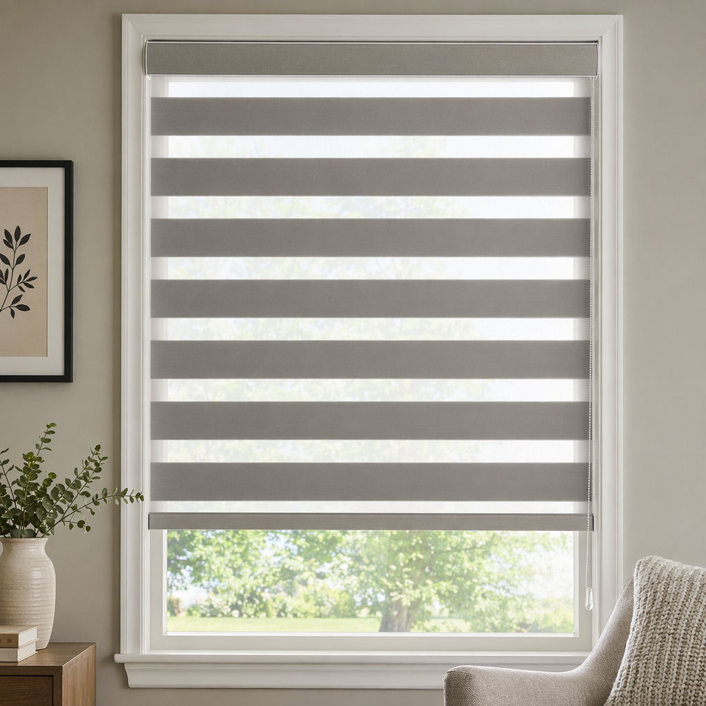 Interior view of a window with zebra blinds, partially open, letting in outside sunlight and view of trees and grass.