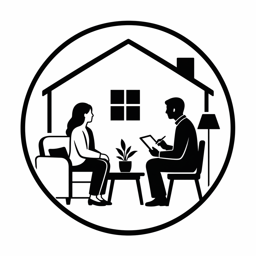 Silhouette of a woman and a man having a conversation in a therapy session, with a house outline in the background.
