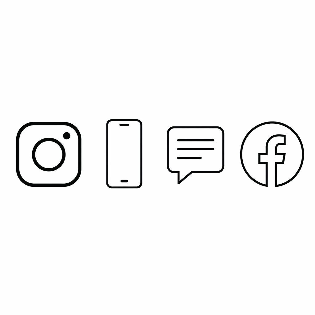 Icons of social media platforms and communication: Instagram, mobile phone, chat bubble, Facebook.