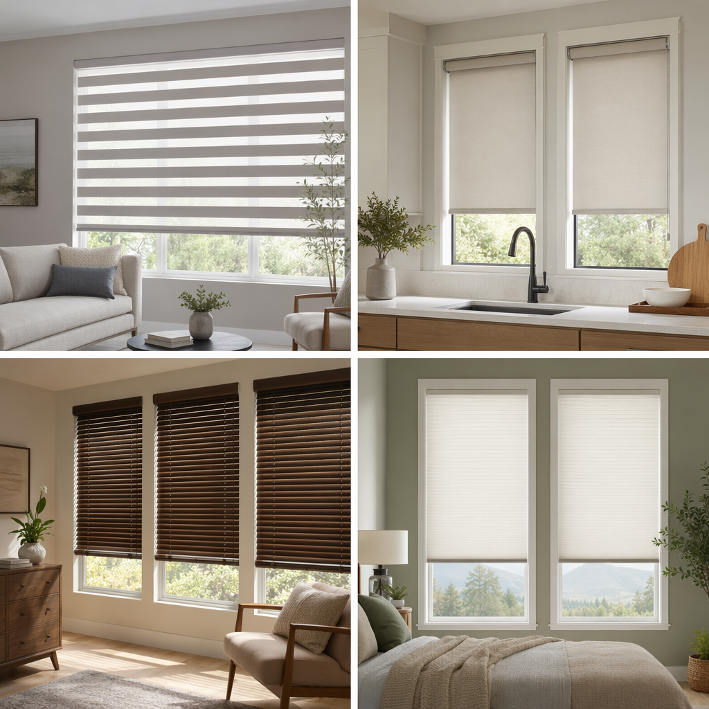Four room images showing different window coverings: top left with zebra blinds in a living room, top right with roller shades in a kitchen, bottom left with wooden blinds in a bedroom, bottom right with cellular shades in a bedroom.