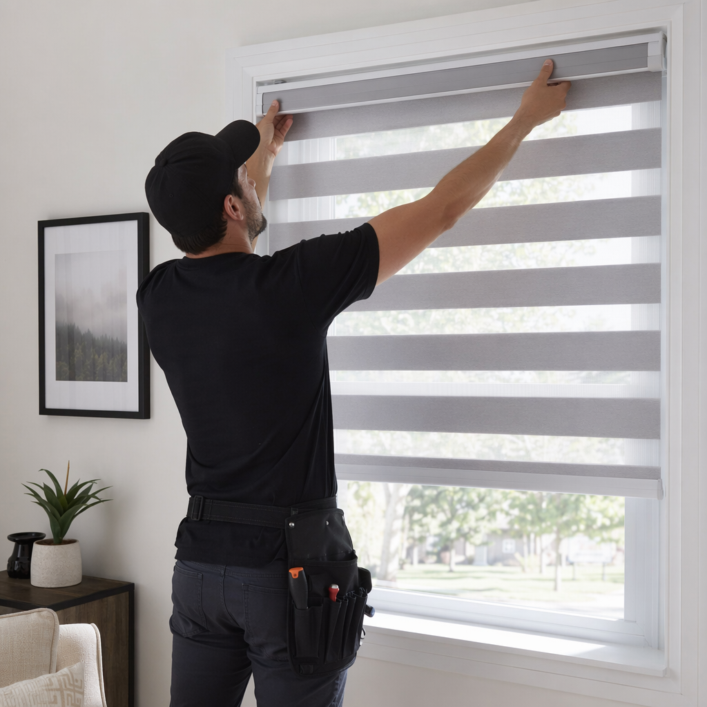 A man installing or adjusting window blinds in a modern home interior.