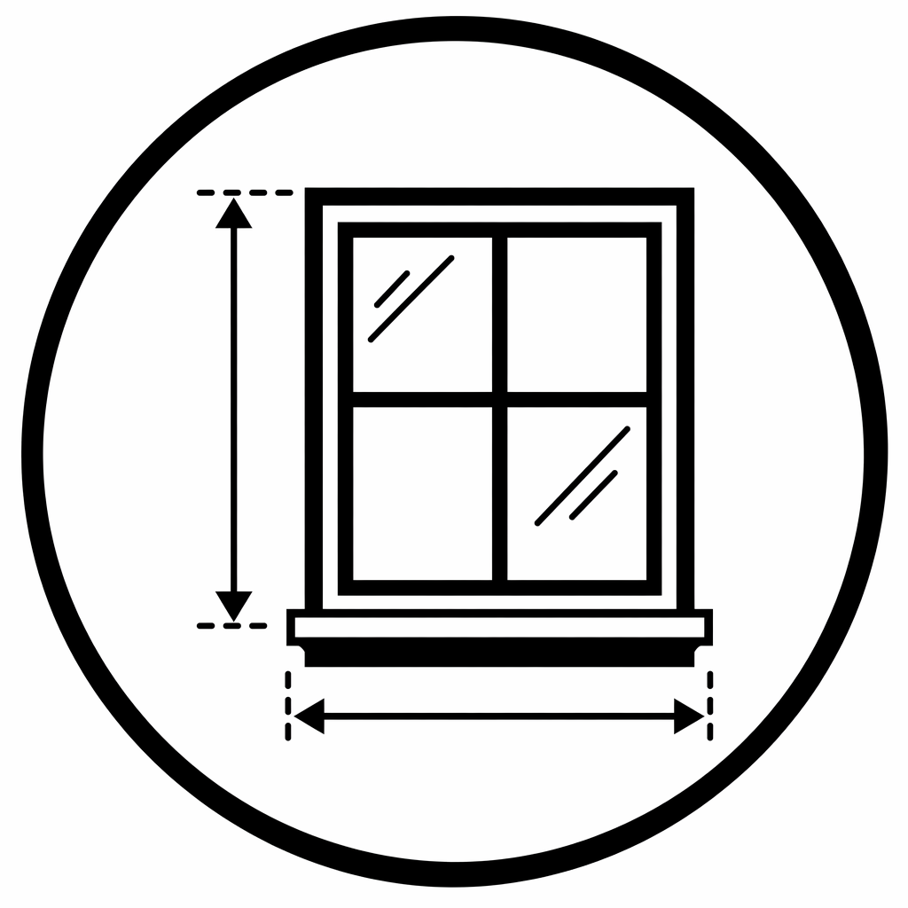 Line drawing of a window with four panes, with arrows indicating height and width measurements.