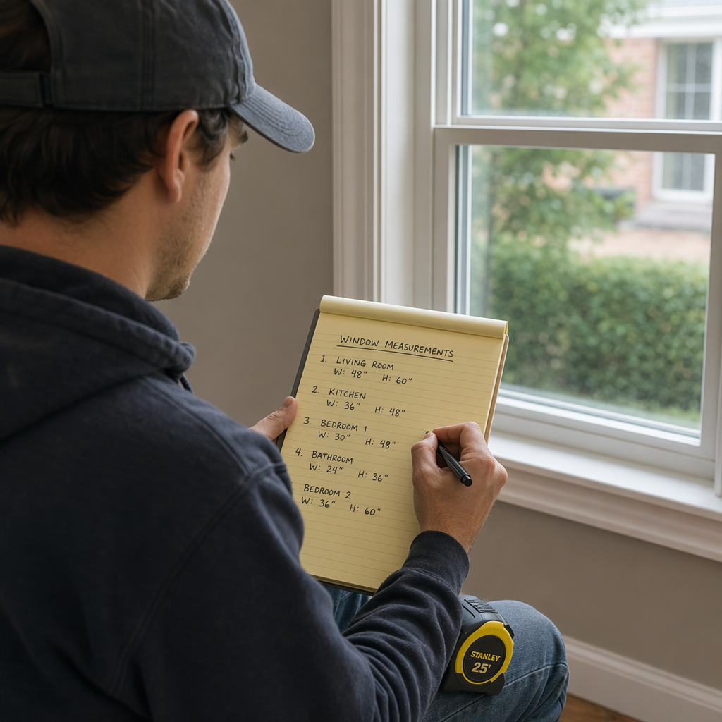 Person in a black hoodie and cap writing window measurements on a notepad while sitting on a windowsill.