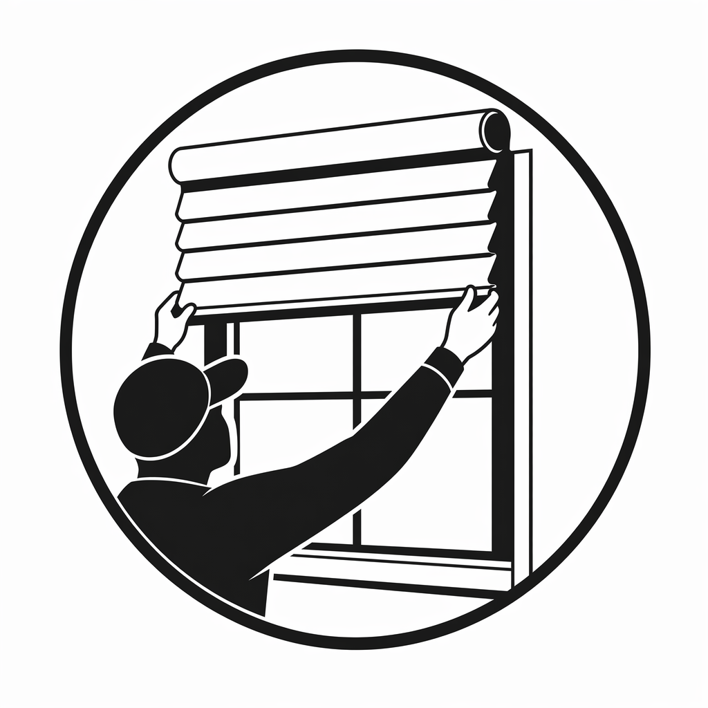 A person adjusting a window blind inside a window frame.